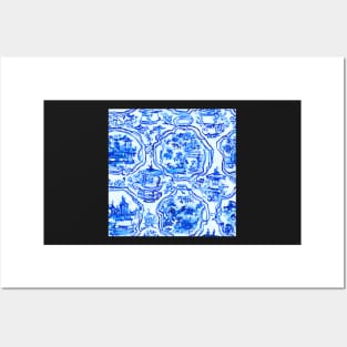 Blue and white chinoiserie tiles sketch Posters and Art